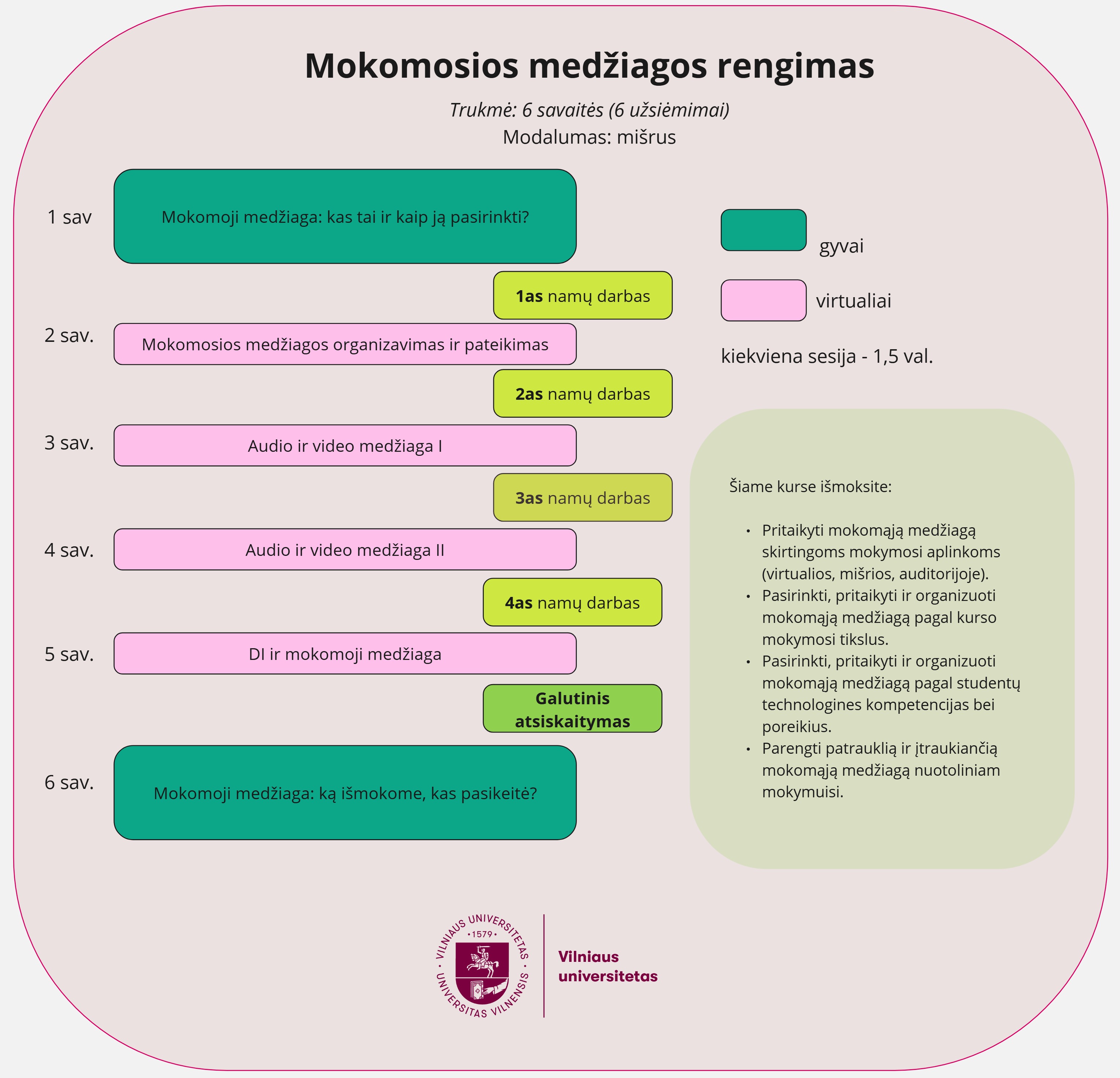 Kurso struktūros vizualizacija. 6 savaitės, du susitikimai VU ir keturios virtualios sesijos